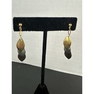 Vintage Dainty Leaf Dangle Screw Back Earrings Tri Color Shabby Chic Boho